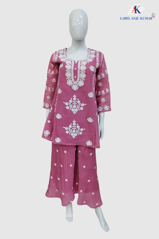 Pink Mal Chanderi Chikankari A-Line Coord Set
