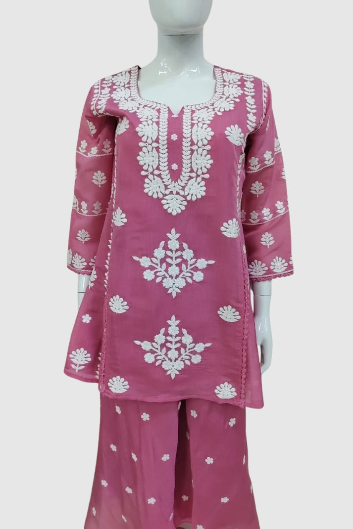 Pink Mal Chanderi Chikankari A-Line Coord Set