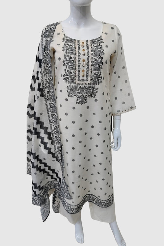 Off White Linen Suit Dupatta Set with Black Digital Print and Lace Detailing