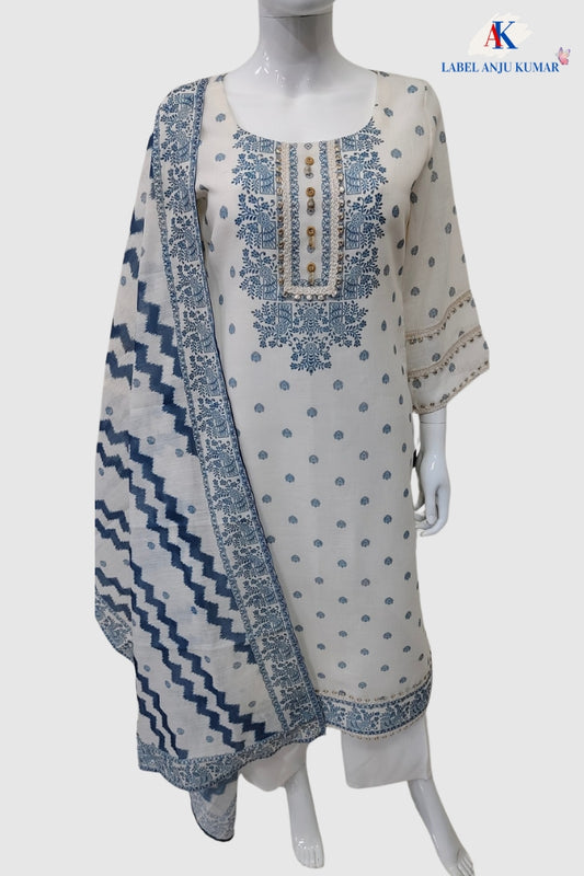Off White Linen Suit Dupatta Set with Blue Digital Print and Lace Detailing