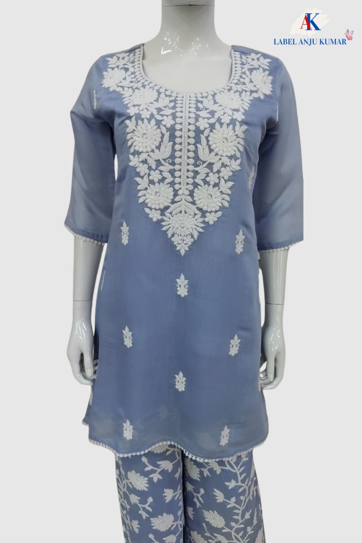 Sky Blue Mal Chanderi Chikankari Semi Formal Coord Set