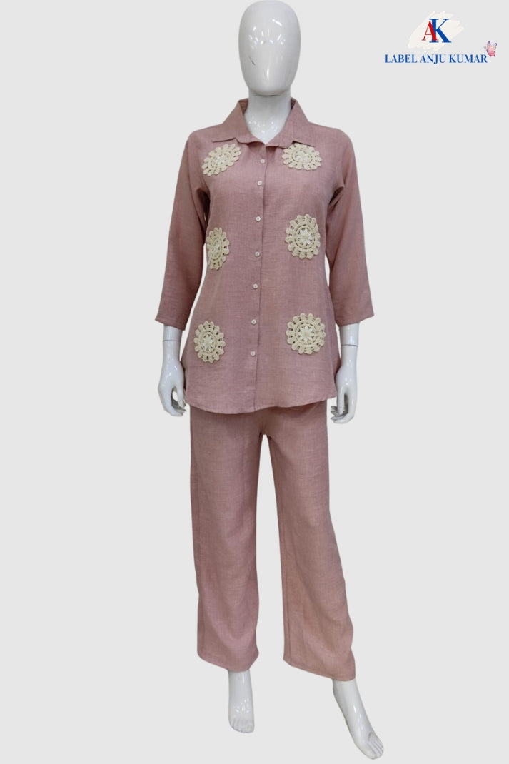 Pink Soft Linen Co-ord Set for Women with Jute Patch Work