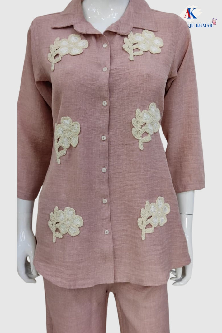 Pink Soft Linen Co-ord Set for Women with Jute Patch Work
