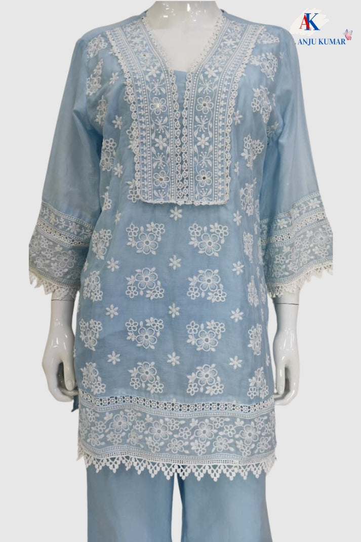 Sky Blue Pure Malmal Cotton Chikankari Co-ord Set for Women
