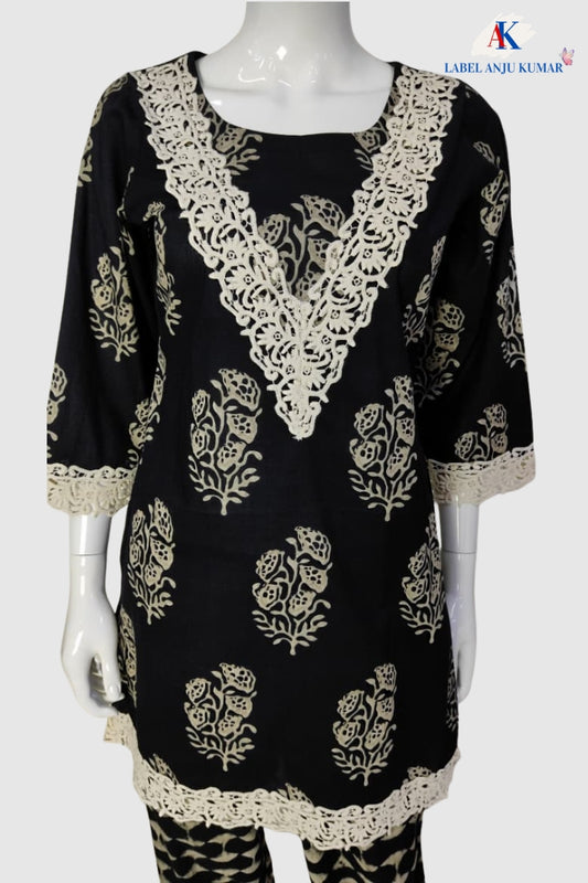 Black Pure Cotton Co-ord Set for Women with Lace Detailing