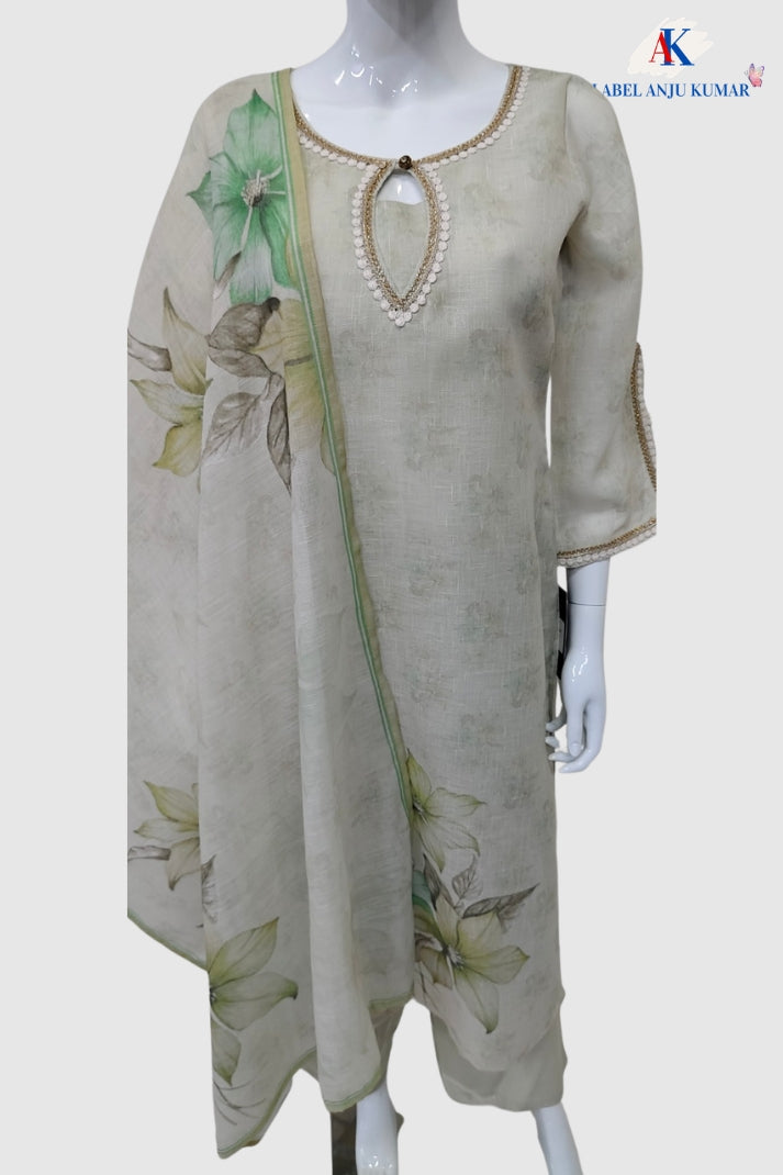 Peach Linen Digital Print Suit Dupatta Set with Lace Detailing