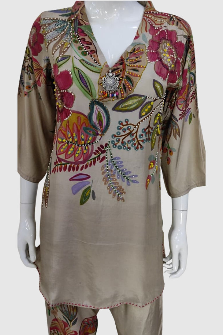 Beige Pure Muslin Semi-Formal Coord Set with Beads Work