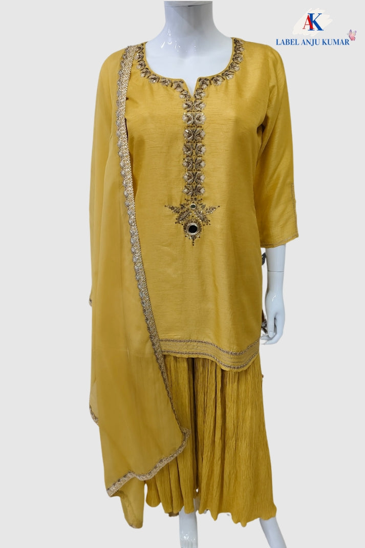 Mustard Silk Sharara Set with Organza Dupatta
