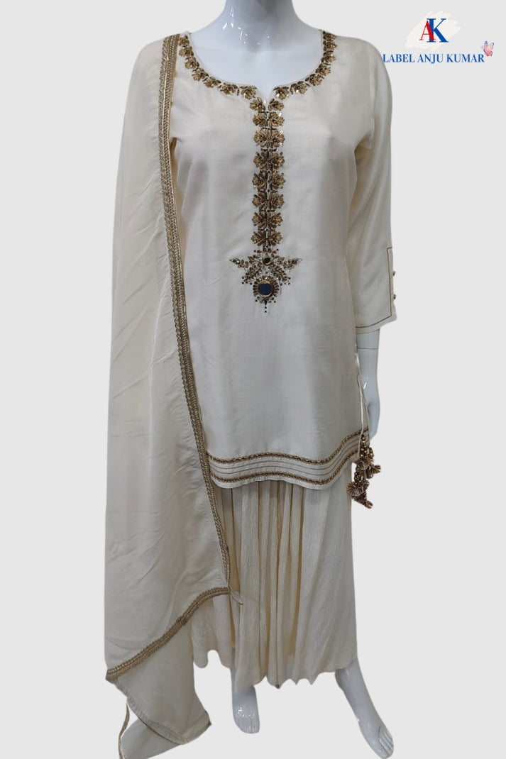 Offwhite Silk Sharara Set with Organza Dupatta