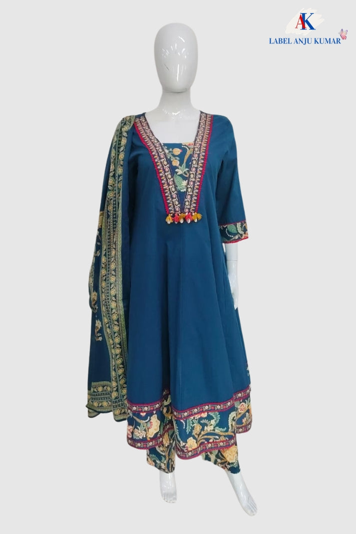Blue Pure Cotton Anarkali Set with Printed Trousers & Dupatta