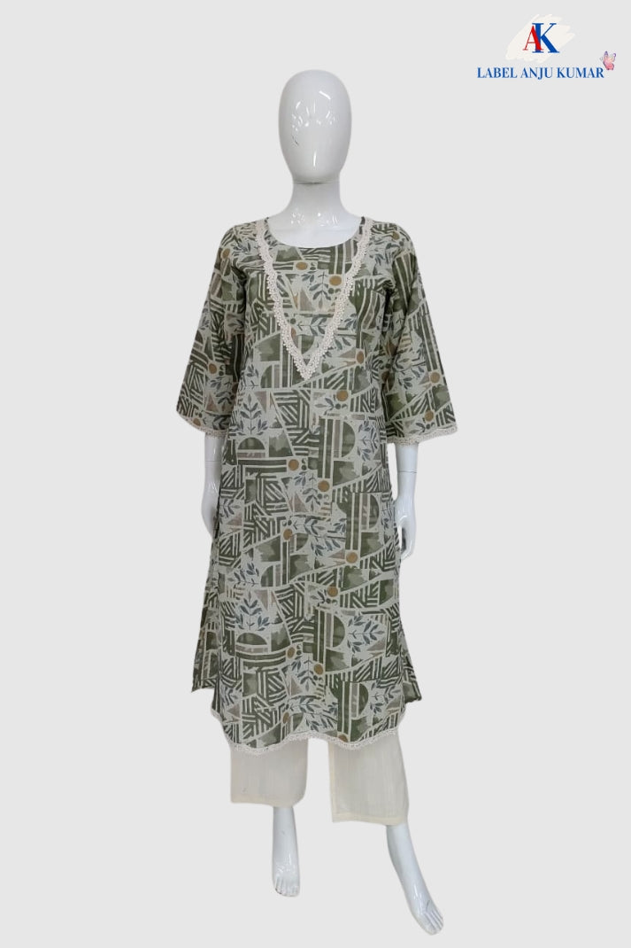 Pista Green Pure Cotton Printed Long Kurti with Lace Detailing