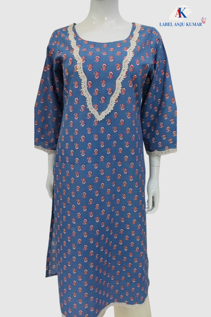 Sky Blue Pure Cotton Printed Long Kurti for Everyday Wear