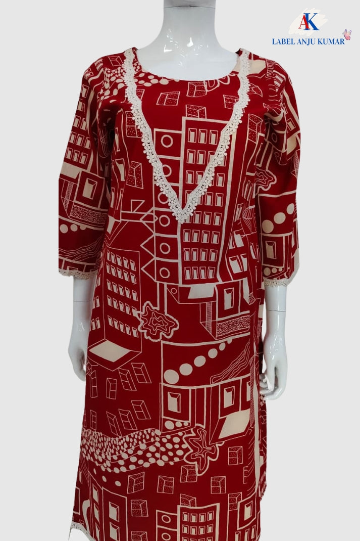 Red Pure Cotton Printed Long Kurti for Women