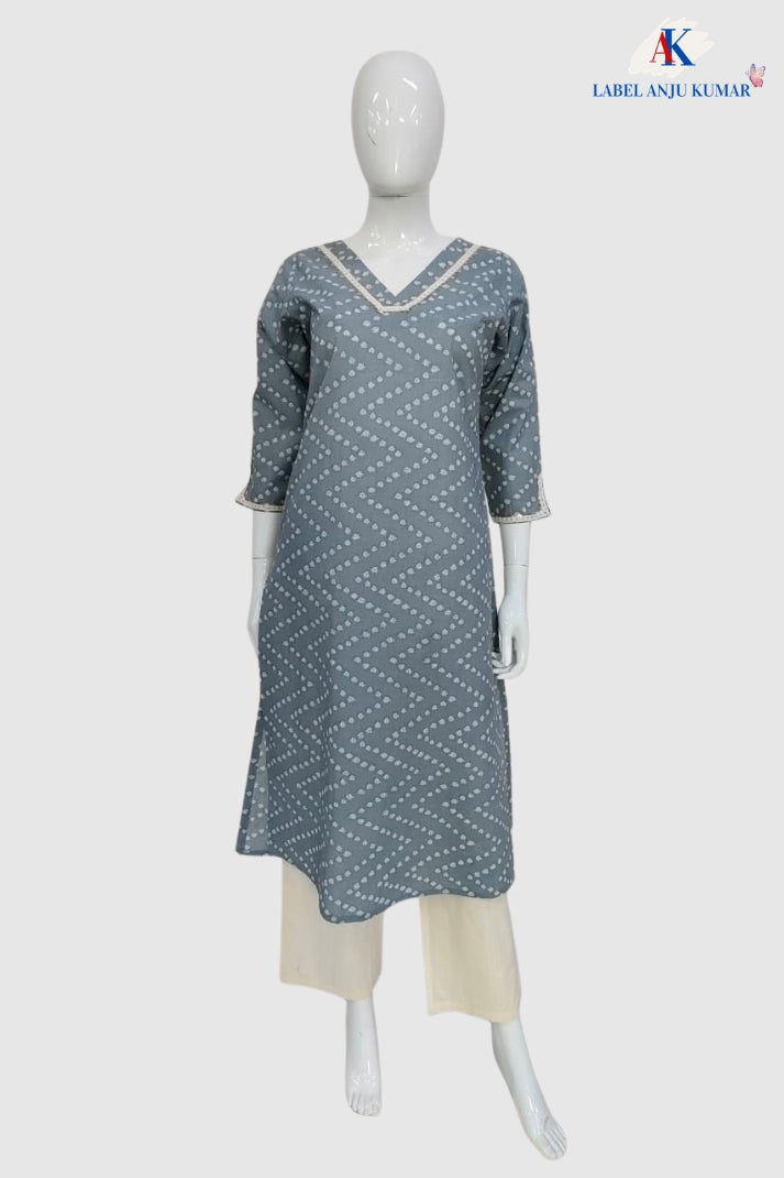 Grey Pure Cotton Long Kurti with Lace Detailing