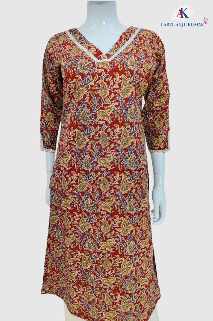 Red Pure Cotton Printed Long Kurti with Pocket & Lace Detailing