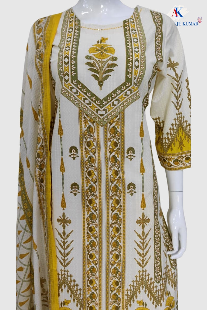 Lemon Pure Cotton Straight Suit Set with Kota Doria Dupatta
