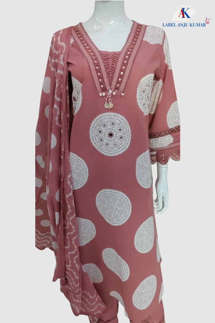 Dusty Pink Pure Cotton Straight Suit Dupatta Set with Mirror Work