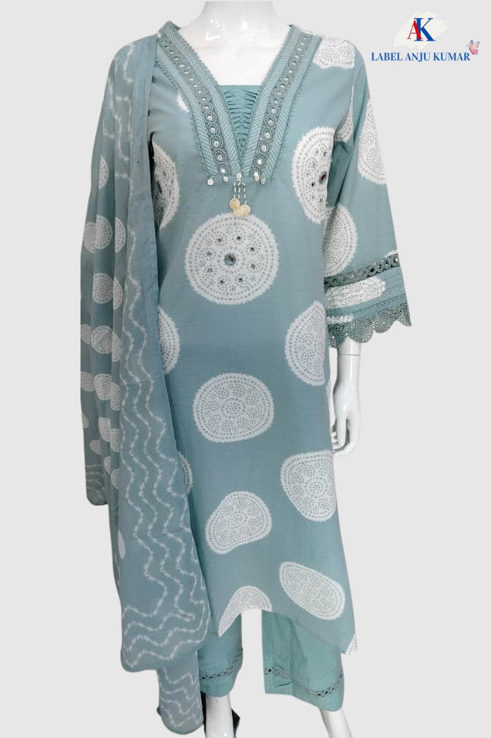 Dusty Blue Pure Cotton Suit Set with Mal Dupatta