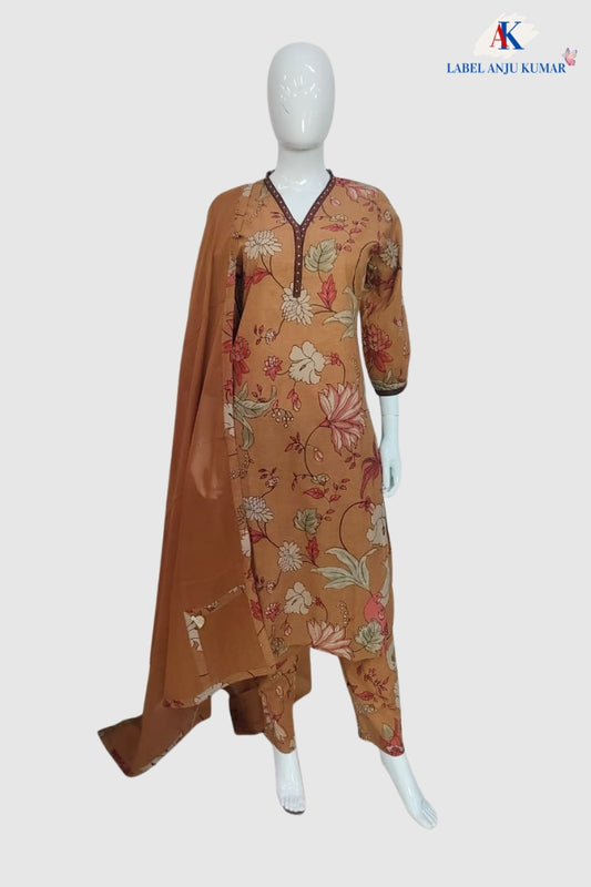Rust Pure Cotton Suit Dupatta Set with Printed Trousers