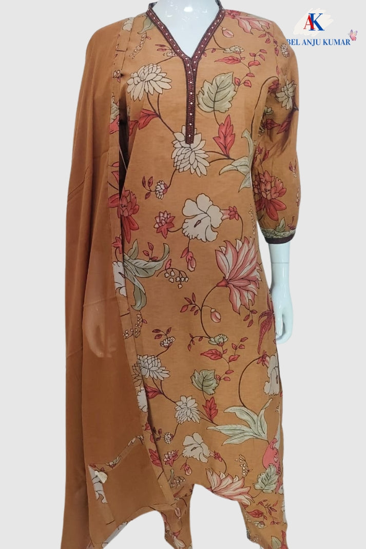 Rust Pure Cotton Suit Dupatta Set with Printed Trousers