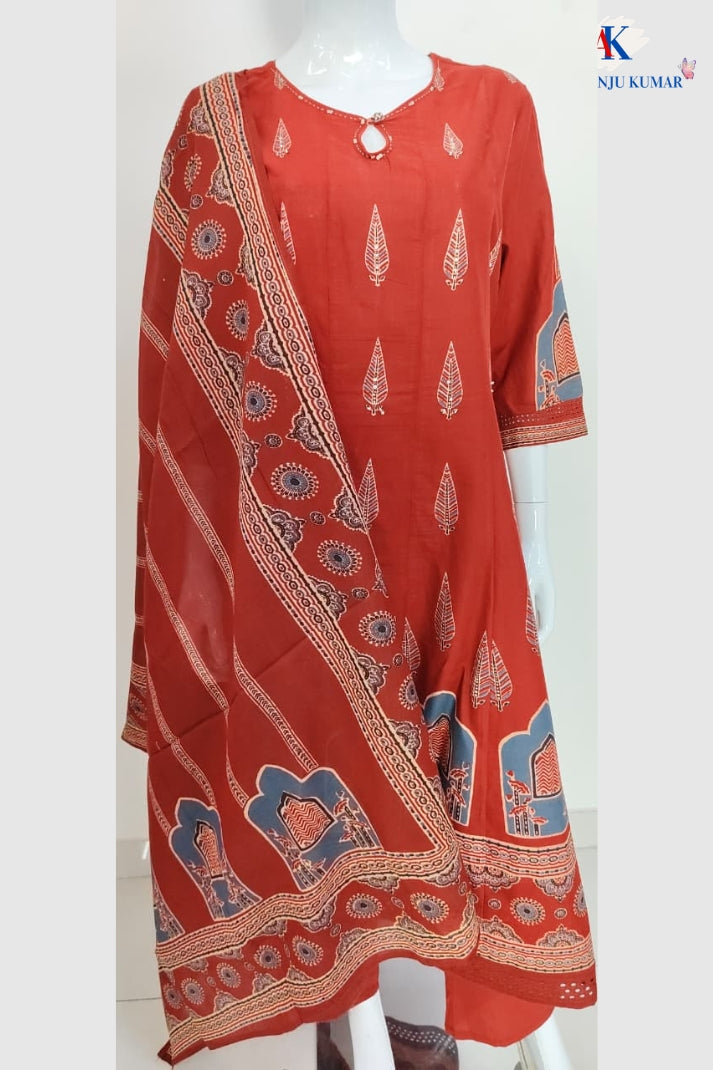 Rust Cotton Anarkali Suit Dupatta Set for Women