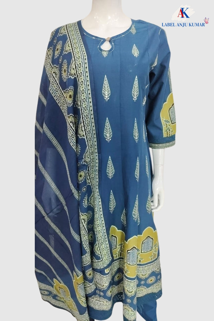 Navy Blue Cotton Anarkali Suit Set with Block Print & Chikankari