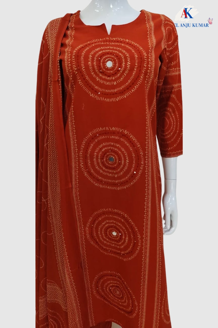 Rust Pure Cotton Suit Dupatta Set with Mirror Detailing