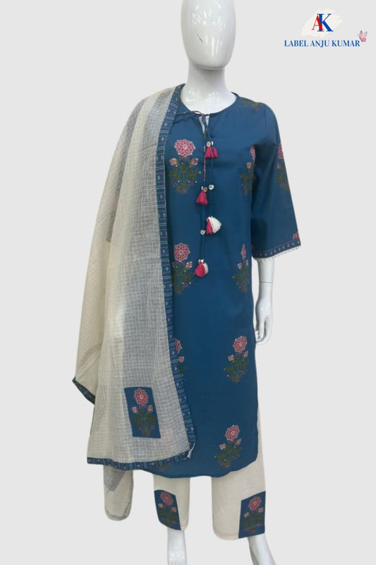 Royal Blue Pure Cotton Floral Suit Set with Kota Doriya Dupatta
