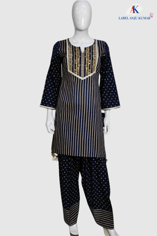 Navy Blue Pure Cotton Printed Farshi Salwar Co-ord Set