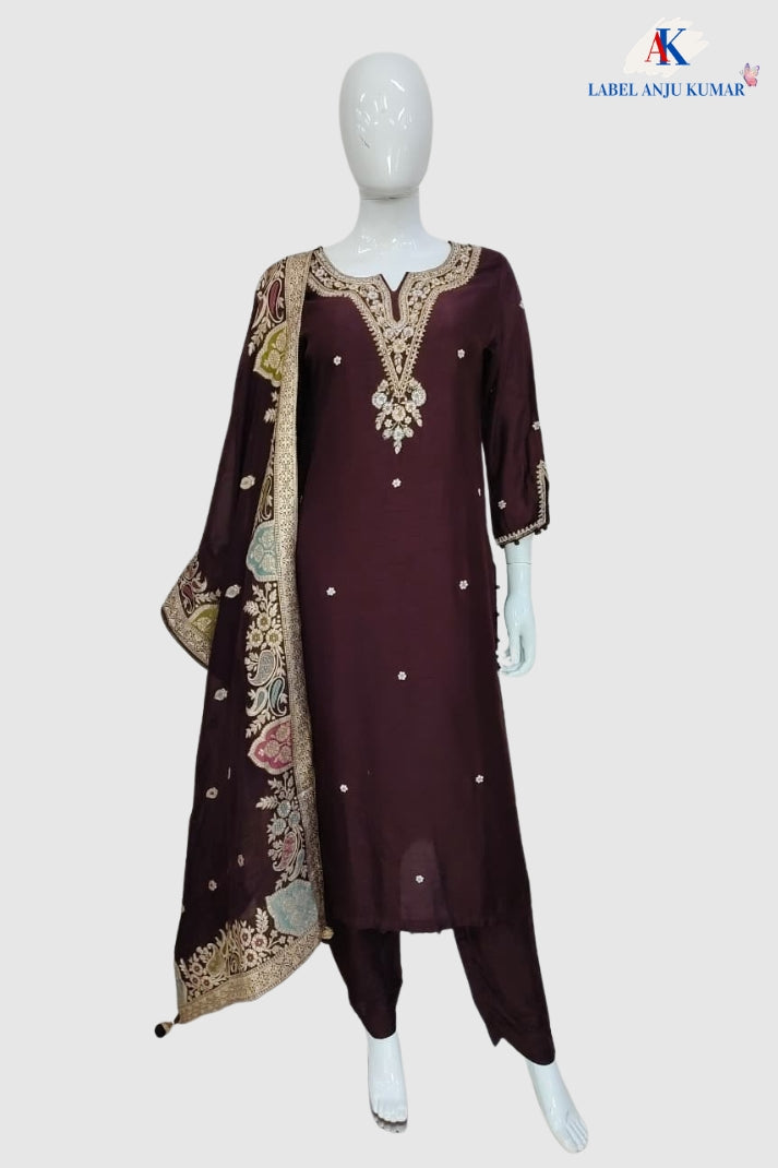 Wine Silk Designer Straight Suit with Banarasi Jamdani Dupatta