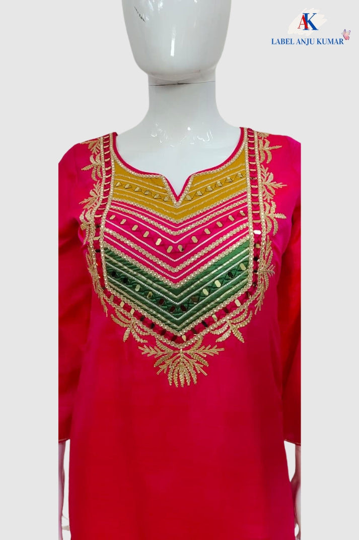 Magenta Crepe Silk Semi-Formal Farshi Salwar Suit with Organza Dupatta