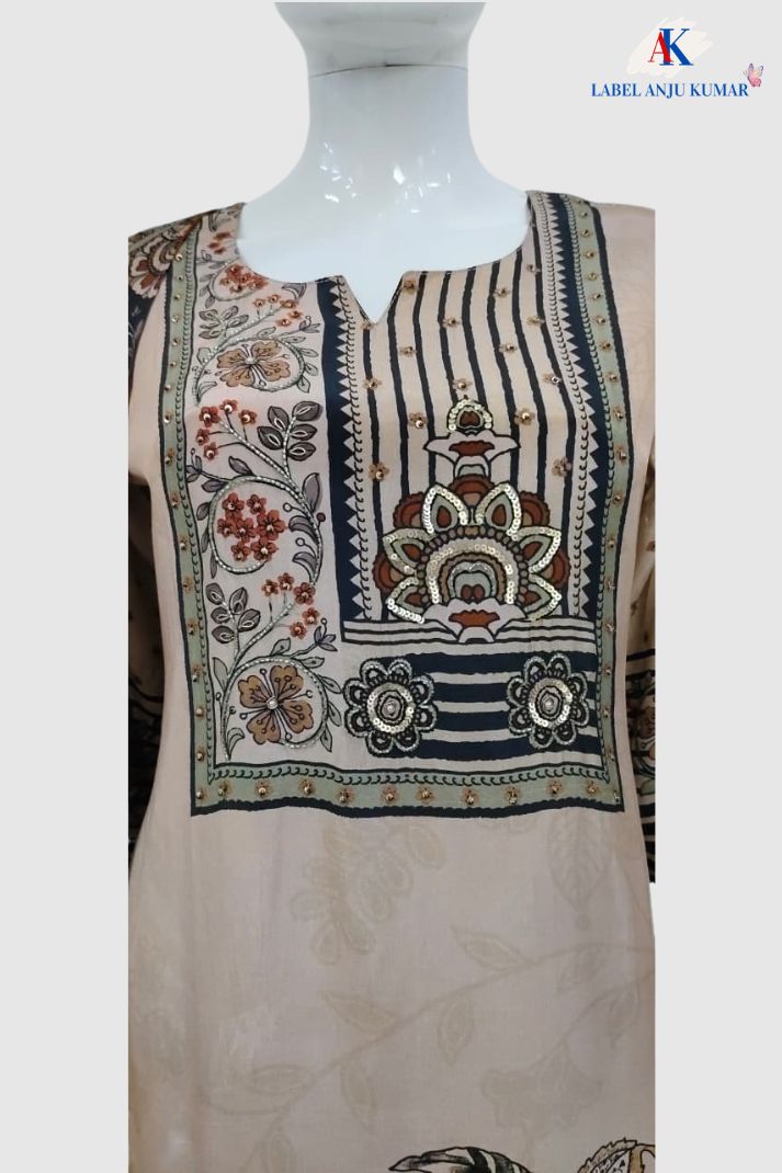 Beige Pure Natural Crepe Digital Print Suit with Chinnon Dupatta