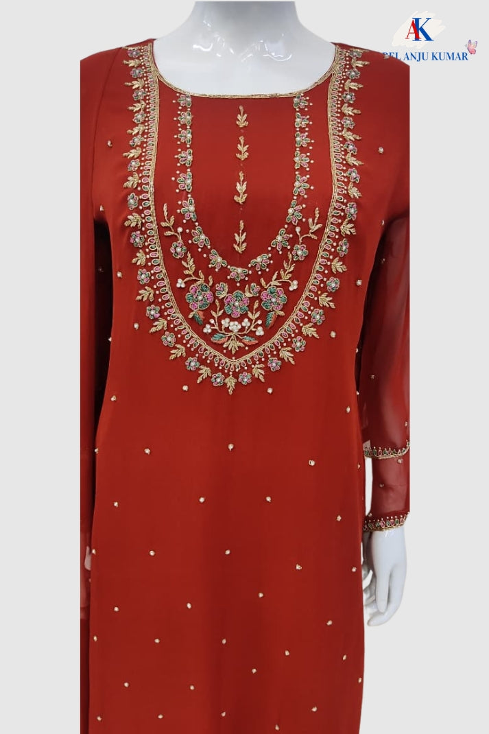 Rust Pure Georgette Straight Suit Dupatta Set with Hand Embroidery