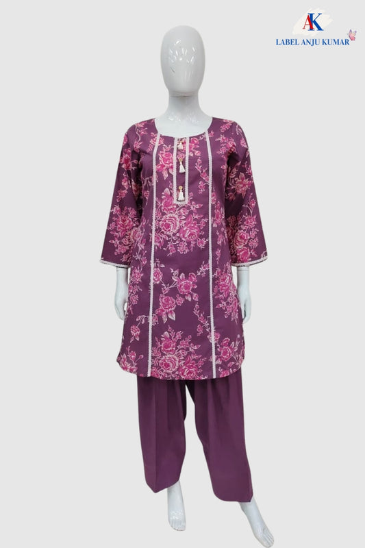 Wine Pure Cotton Printed Farshi Salwar Co-ord Set