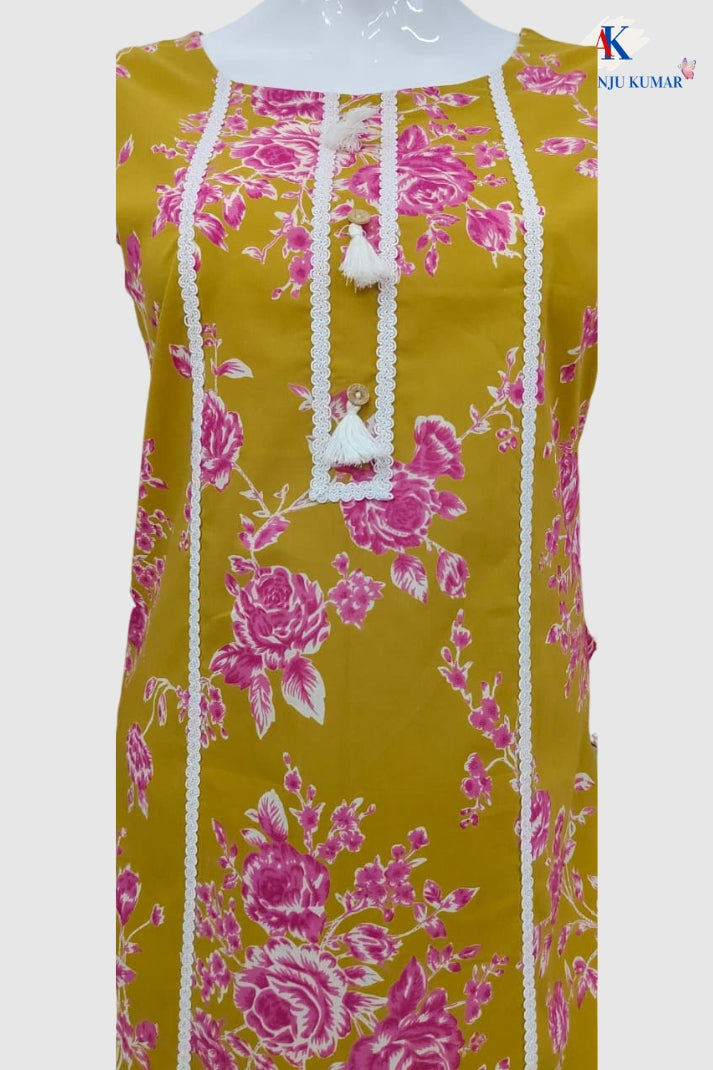 Mustard Pure Cotton Printed Farshi Salwar Co-ord Set with Lace Detailing