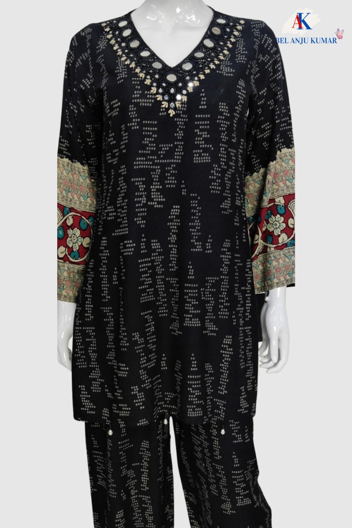 Black Rayon Printed Co-ord Set with Mirror & Bead Work