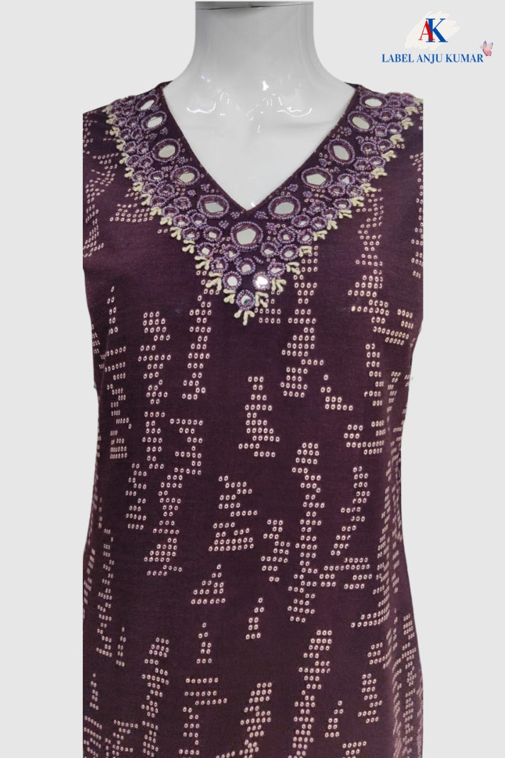Dark Wine Rayon Printed Co-ord Set with Hand Mirror & Bead Embroidery