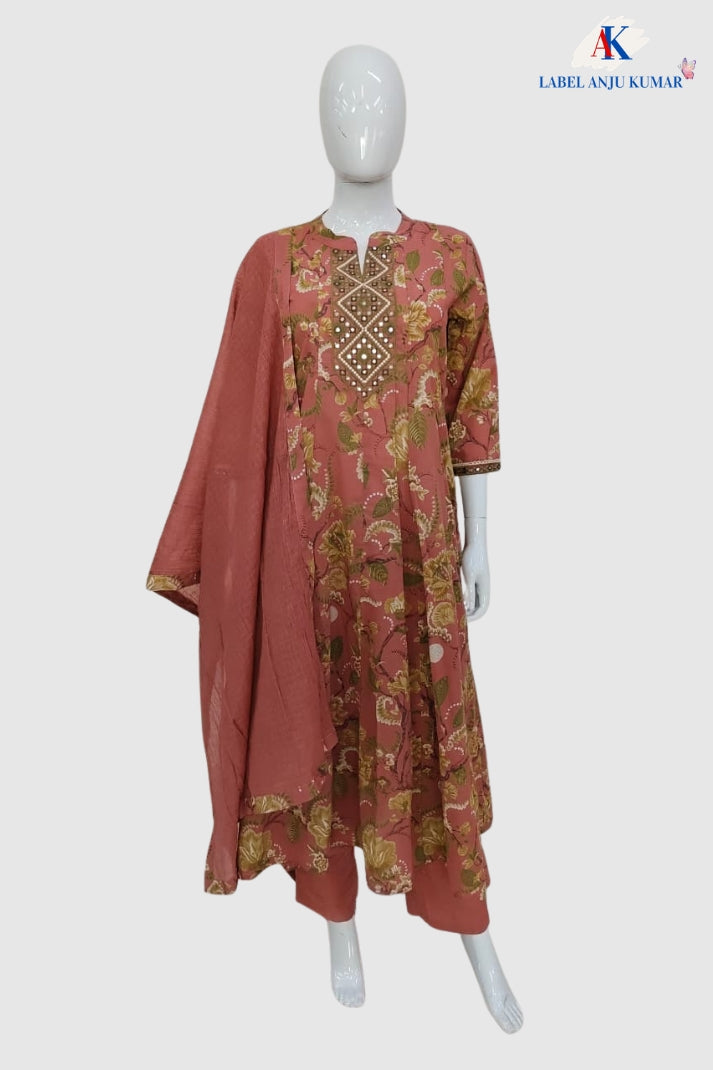 Light Rust Pure Cotton Anarkali Suit with Kota Doriya Dupatta