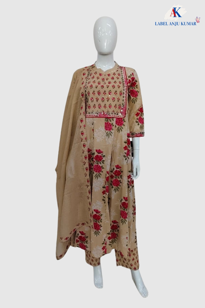 Beige Pure Cotton Anarkali Suit with Embroidery & Kota Doriya Dupatta