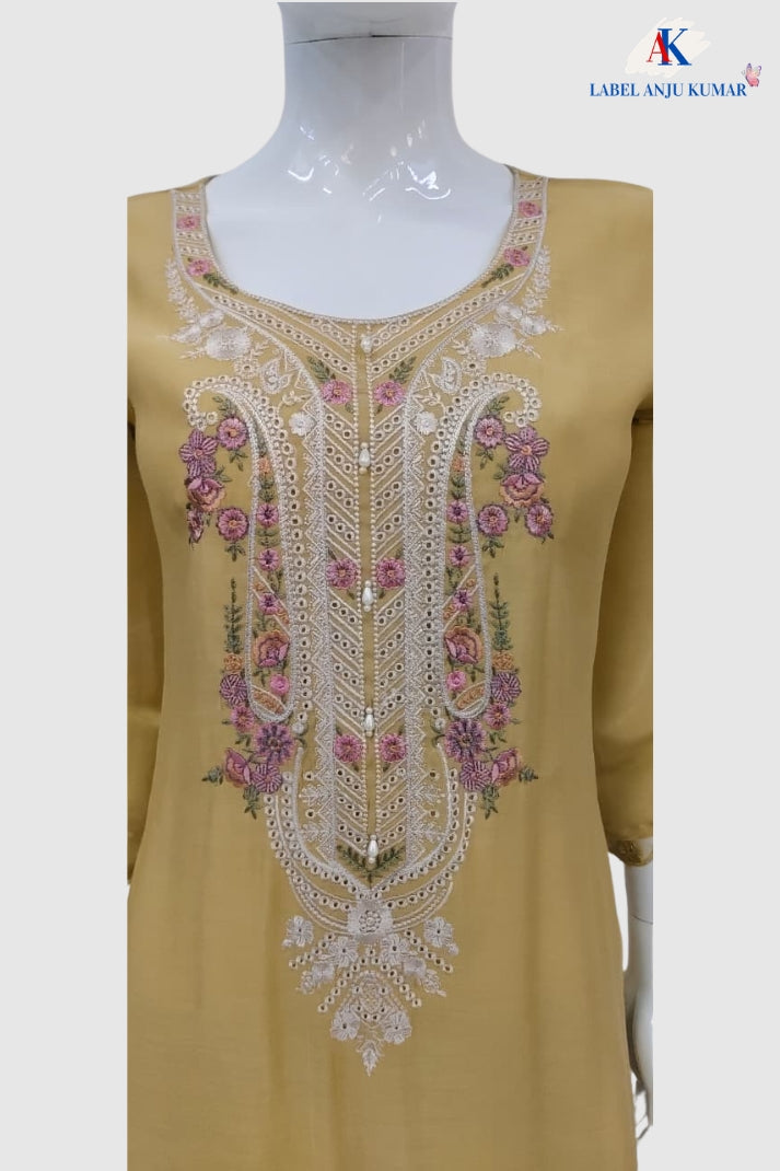 Light Gold Mal Chanderi Embroidered Straight Suit with Dupatta
