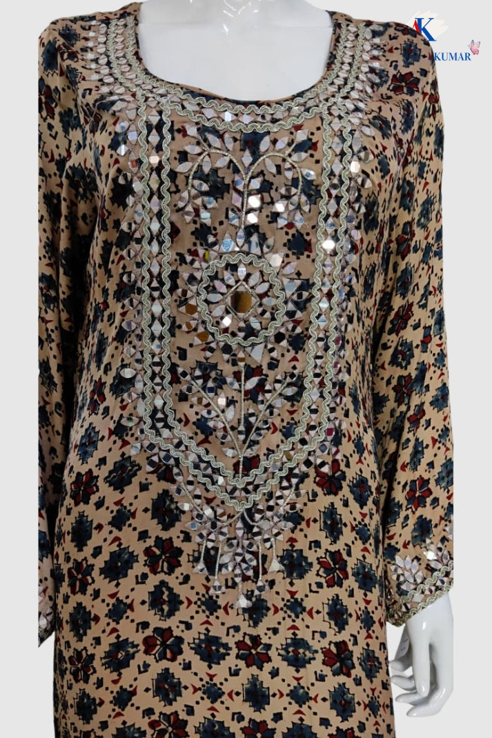 Light Beige Muslin Ajrak Print Long Dress for Women | Elegant Ethnic Fashion