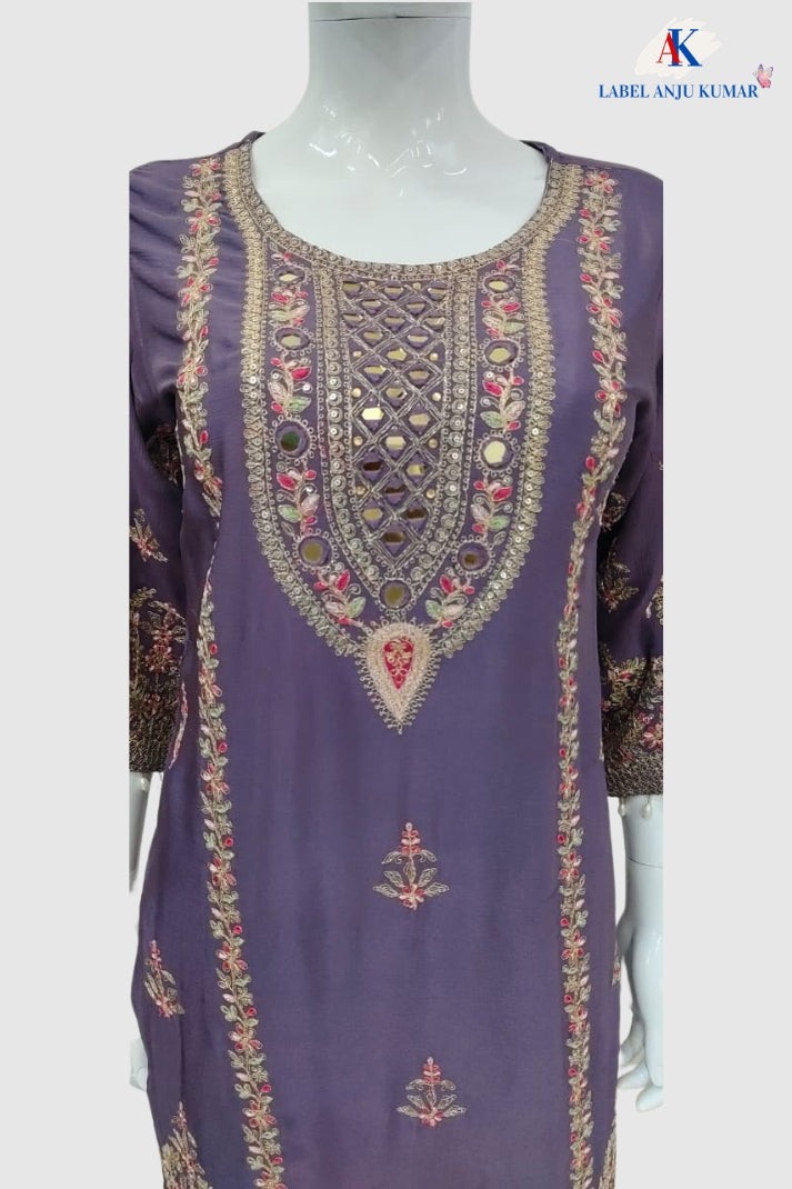 Light Purple Pure Chinnon Designer Short Suit with Mirror Work