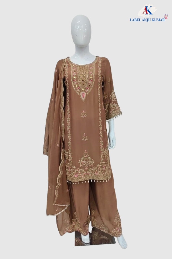 Rose Gold Pure Chinnon Short Length Suit with Heavy Thread & Mirror Work