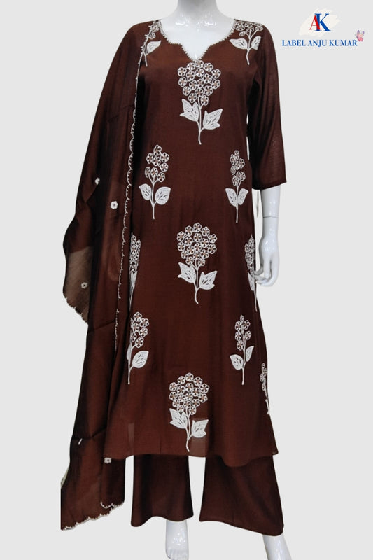 Dark Brown Pure Mal Chanderi A-Line Suit with Coordinated Dupatta