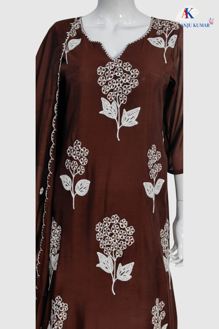 Dark Brown Pure Mal Chanderi A-Line Suit with Coordinated Dupatta