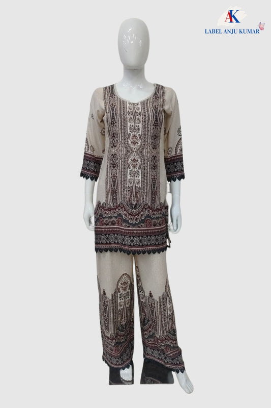 Beige Premium Modal Digital Printed Co-ord Set with Swarovski Work