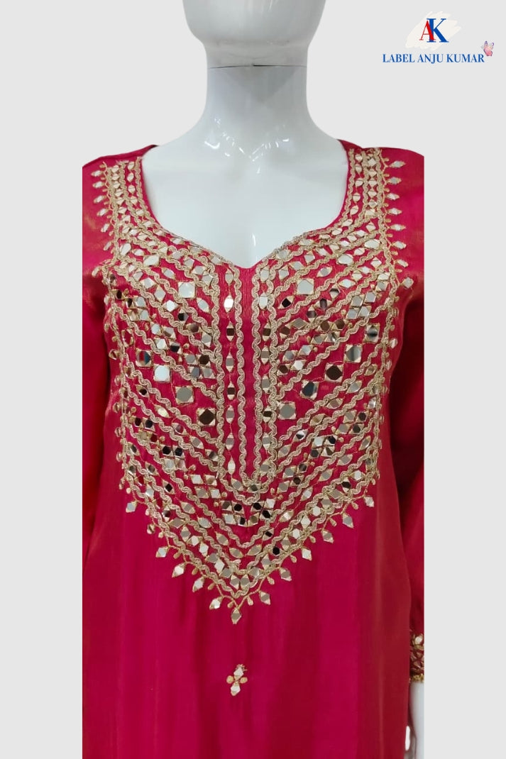 Magenta Pink Premium Soft Tissue Formal Suit with Heavy Mirror Work