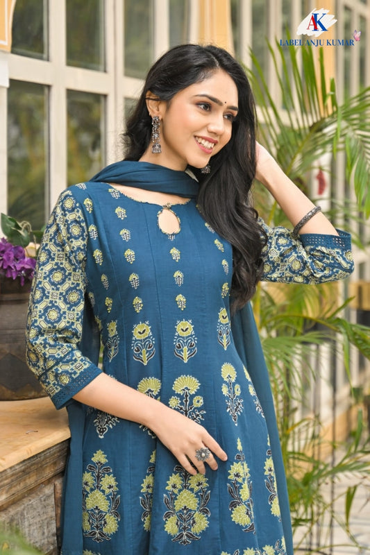 Blue Pure Cotton Hand Block Anarkali Suit with Malmal Cotton Dupatta