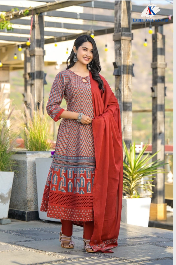 Rust Pure Cotton Festive Anarkali Suit with Hand Block Kalis & Malmal Dupatta