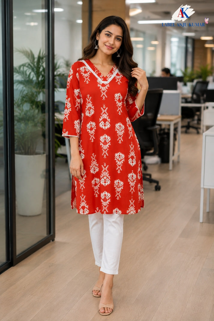 Orange Colour Pure Cotton Printed Long Kurti for Women